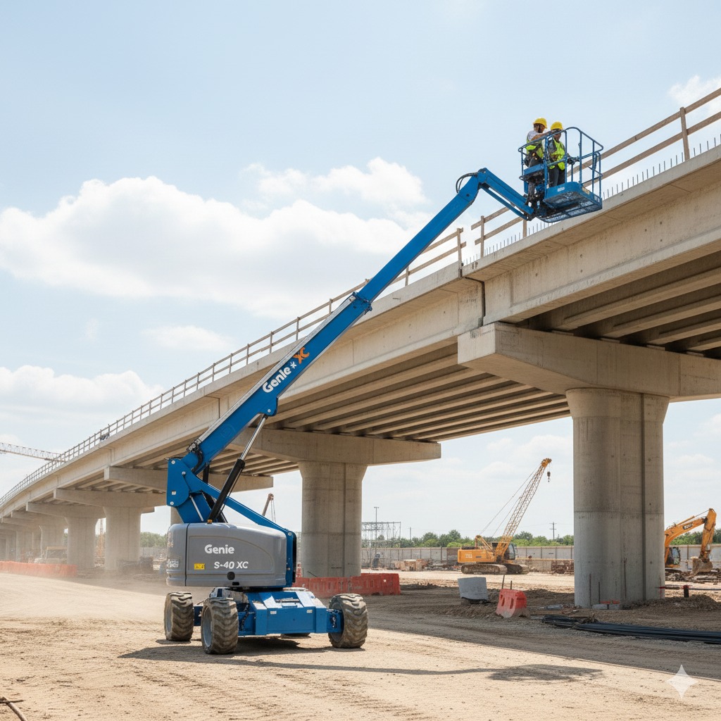 Boom lift working on building